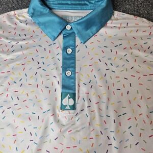 Pins And Aces Mens Birthday Cake Print Golf Polo Shirt Size Medium 4 Way Stretch